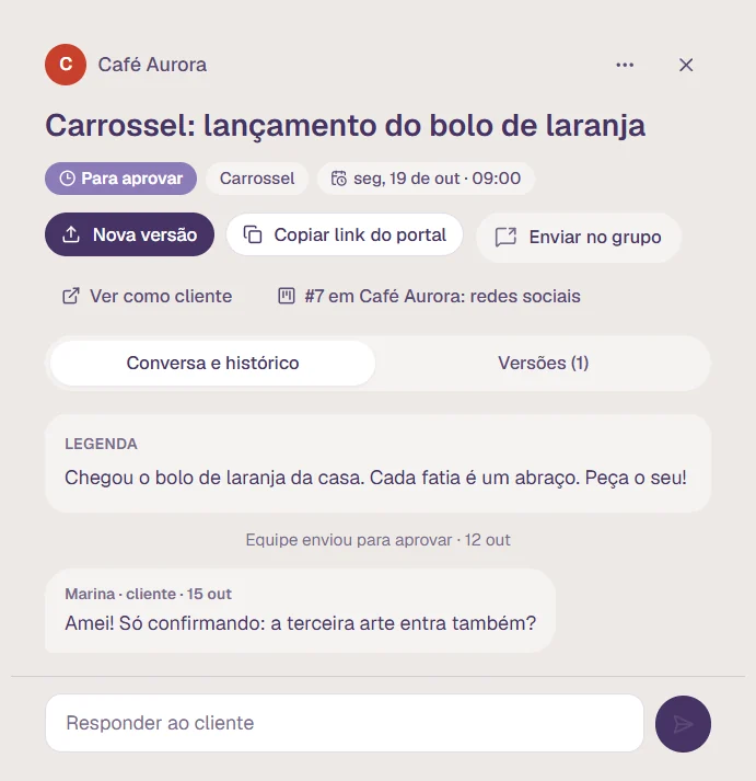 Carrossel para aprovar, com a legenda e a conversa com o cliente dentro da peça.