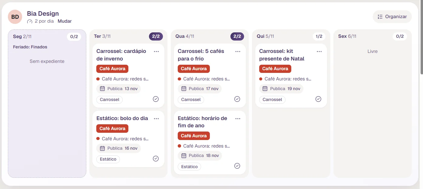 Pauta da Bia na Tarefada: segunda é feriado, terça e quarta cheias com 2 de 2 peças, quinta com 1.